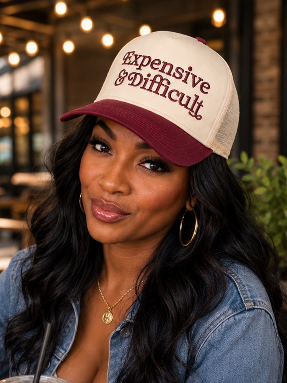 Zenana Outfitters Maroon and Cream 'Expensive & Difficult' Trucker Hat